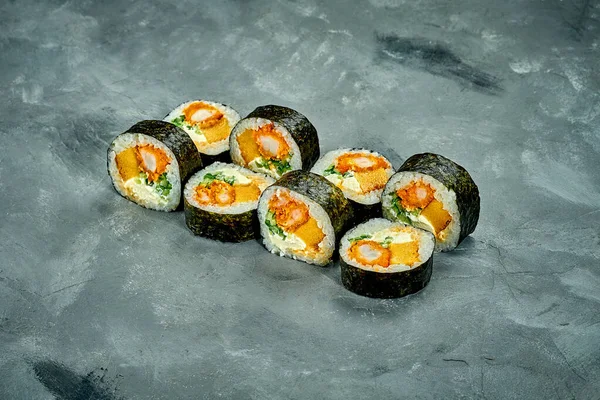 Futomaki Sushi Roll Omelet Shrimp Cucumber Gray Background Noise Added 스톡 사진