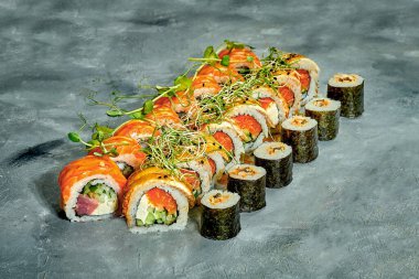 Set of sushi rolls with different fillings on a gray background. Selective Focus. Noise graine add on post