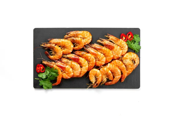 Roasted Shrimp Spices Black Slate White Background Selective Focus — Stock Photo, Image