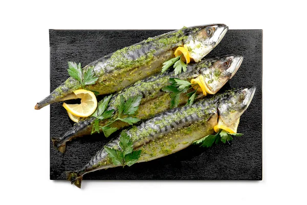 Fresh Mackerel Fish Marinated Cooking Spices White Plate White Background — Stock Photo, Image