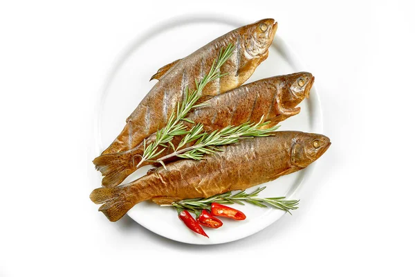 Fresh Marinated Spices Trout Fish White Plate White Background Selective — Stock Photo, Image