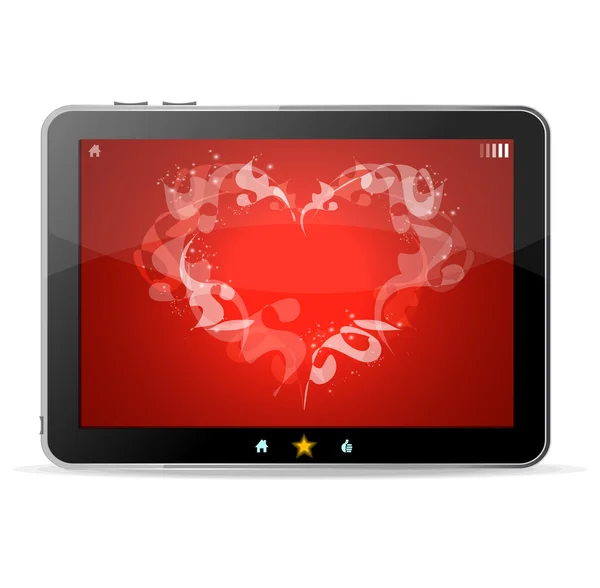 Zwarte Tablet PC zoals ipade op witte achtergrond ang hart op rood — Stockvector