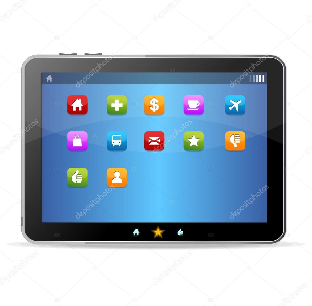 Black tablet like Ipade on white background and icons
