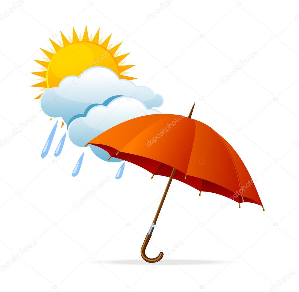Vector rainy weather icon with clouds and umbrella and sun