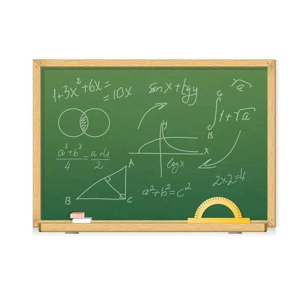 Vektorgrüne Kreidetafel mit mathematischen Symbolen für den Hintergrund — Stockvektor