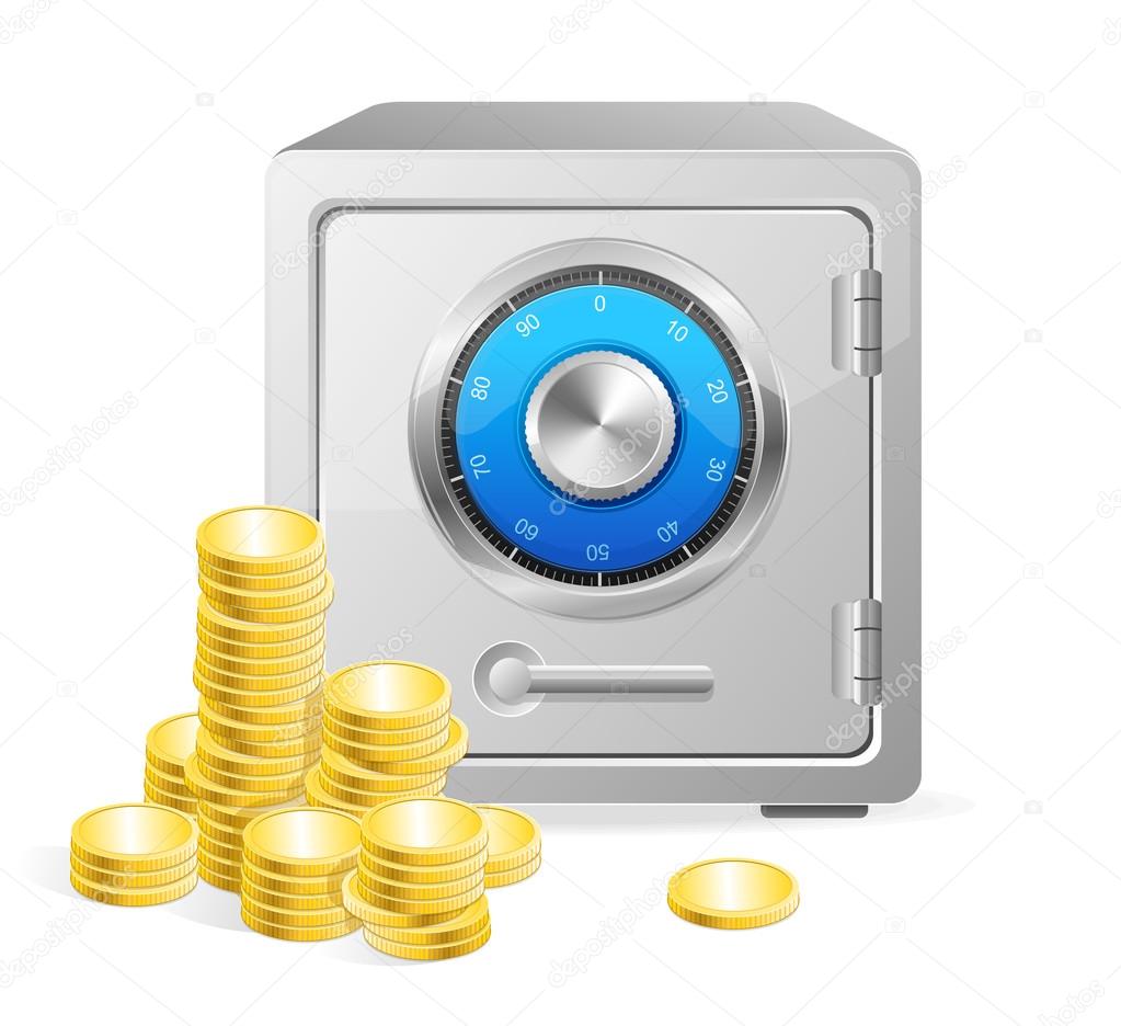 Vector safe with gold coins.