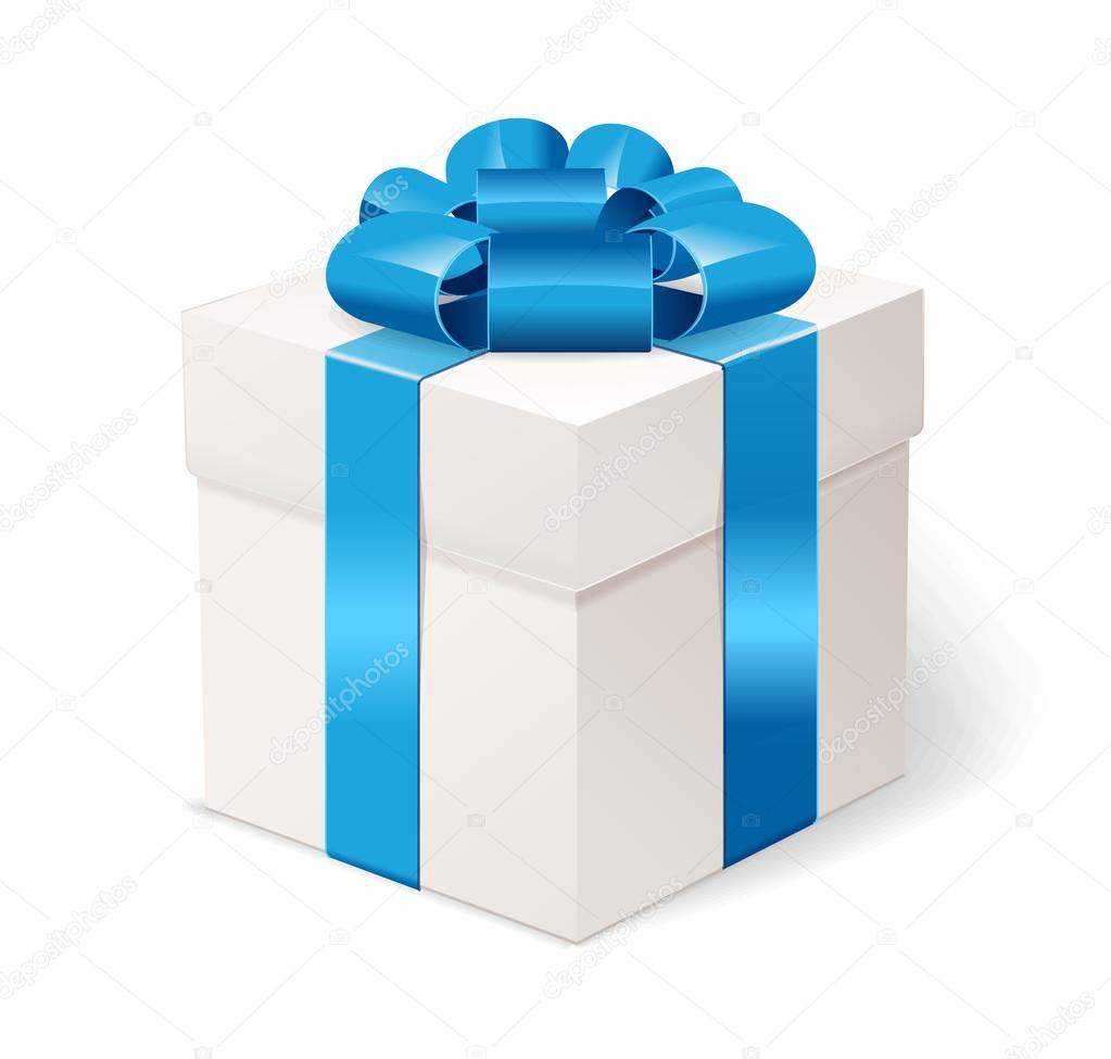 White gift box with bows and blue ribbon.