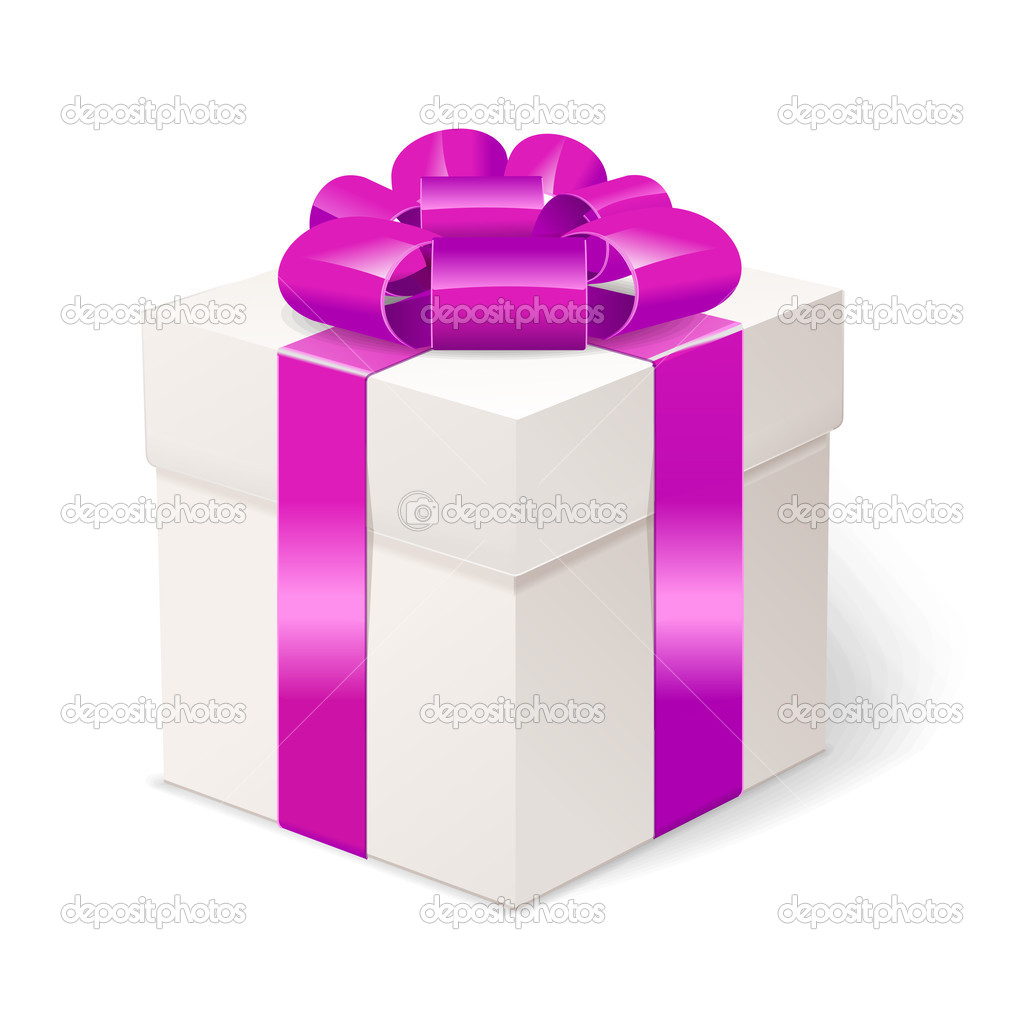 White gift box with bows and pink ribbon.