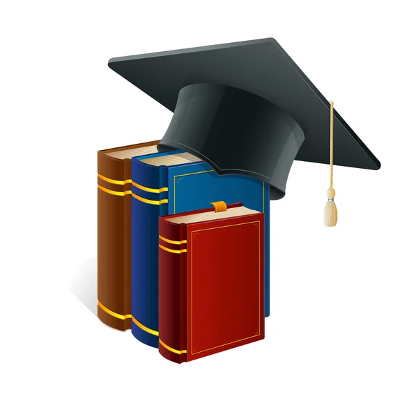 Graduation cap with books isolated on white — Stock Vector