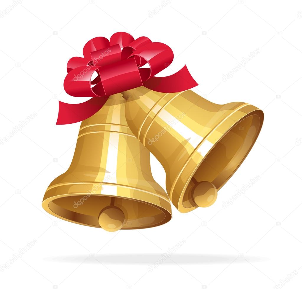 Jingle bells with red bow on white background