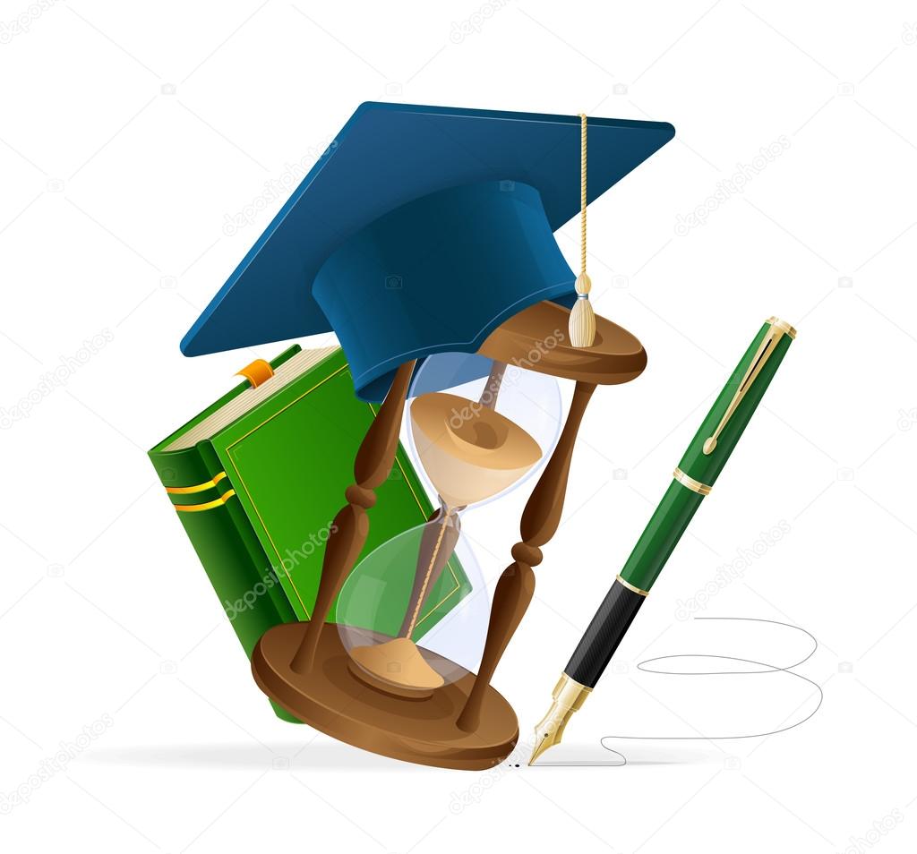 Graduation cap with book, sand clock and pen