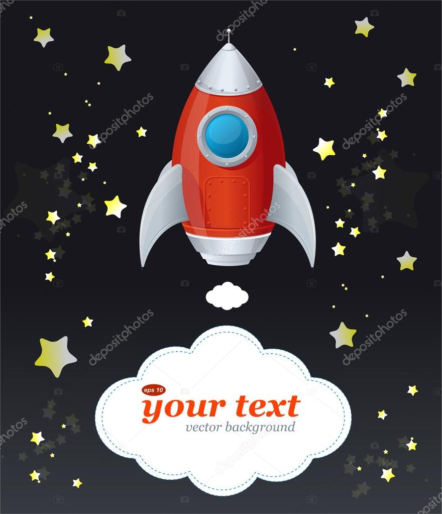 Comic cartoon rocket space ship and text