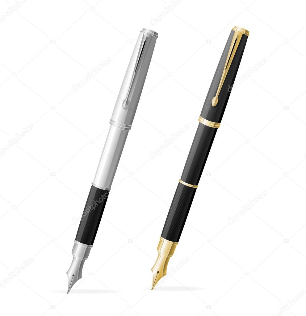 Vector two Fountain pens isolated gold and silver