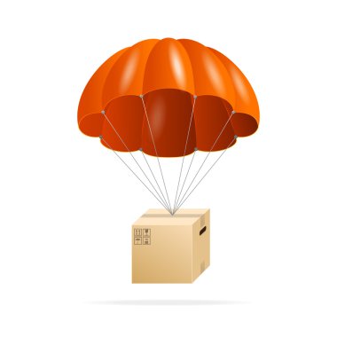 Red parachute with cardboard box on a white