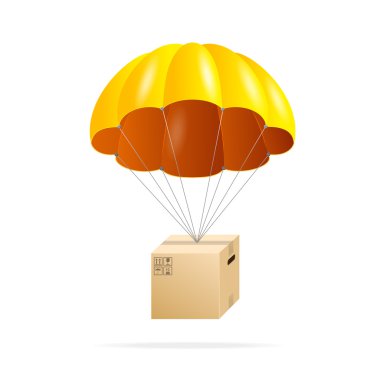 Yellow parachute with cardboard box on a white clipart