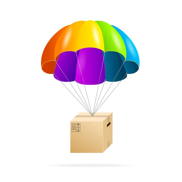 Regenboog parachute met kartonnen doos op een wit — Stockvector