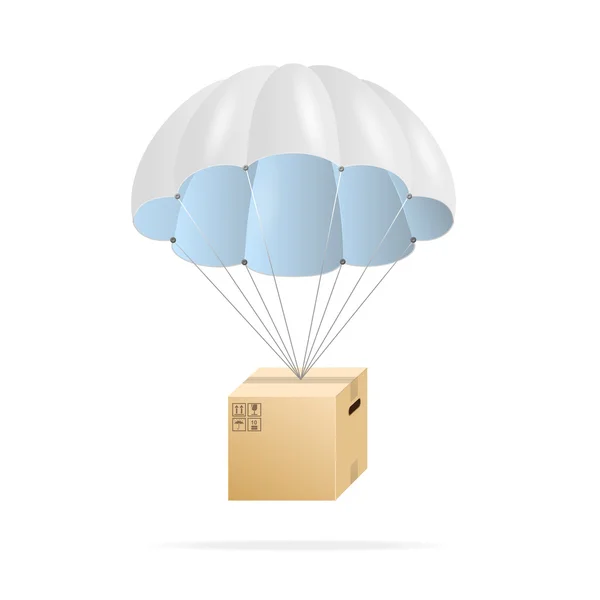 Paracaídas blanco con caja de cartón — Vector de stock