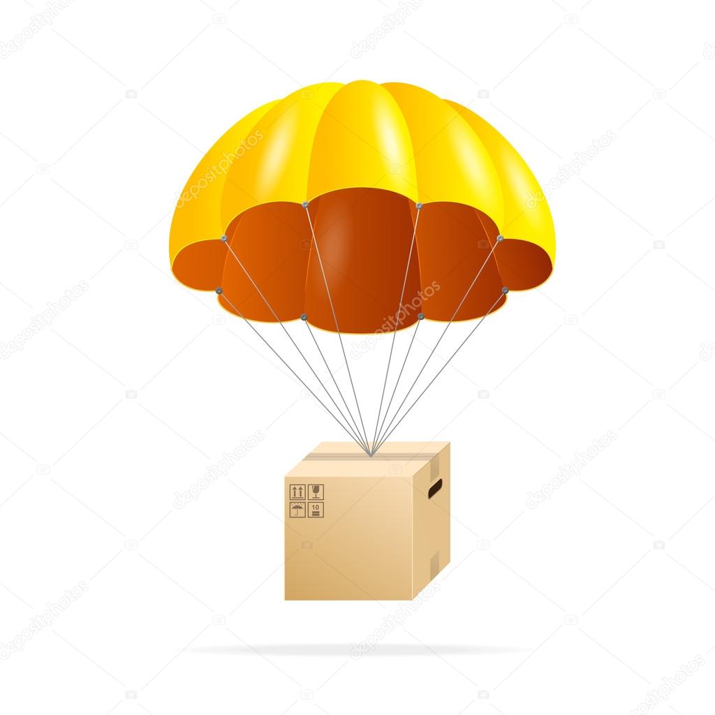 Yellow parachute with cardboard box on a white