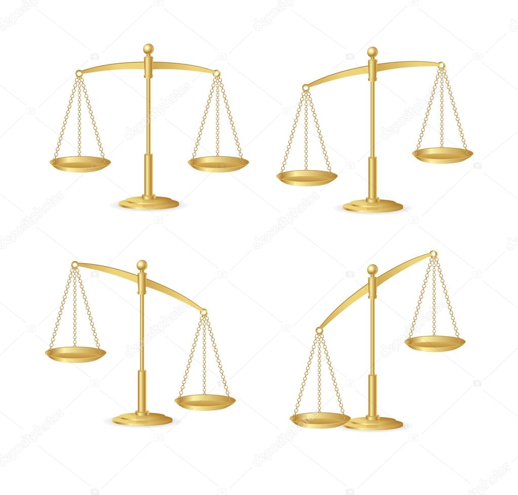 Vector Gold justice scales set isolated on white