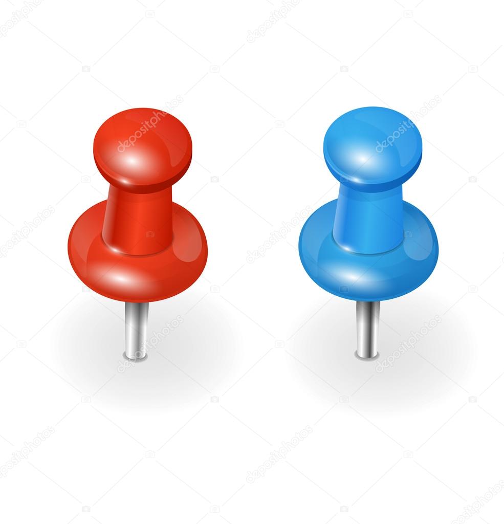 Vector red and blue pushpin on white background