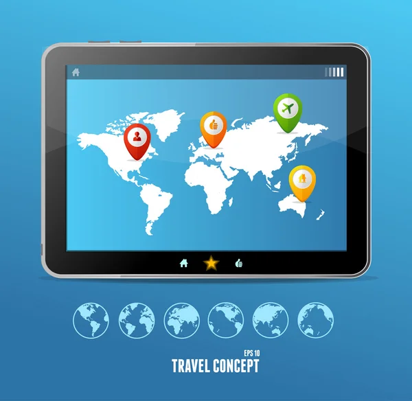 Vector Tablet PC kaart en globe instellen. infographics — Stockvector