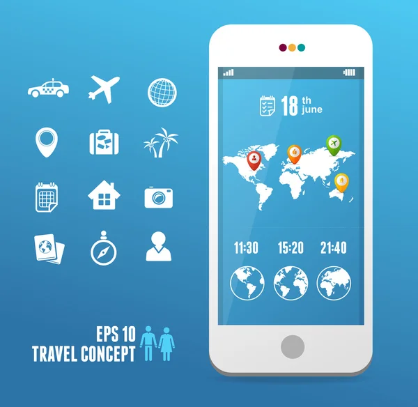 Vektoros Térkép mozgatható smartphone. utazási szett — Stock Vector