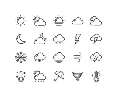 Hava Durumu Simgesi Siyah İnce Hat Simgesi Kümesi Fırtına ve Kasırga 'yı içeriyor. Simgelerin Vektör illüstrasyonu