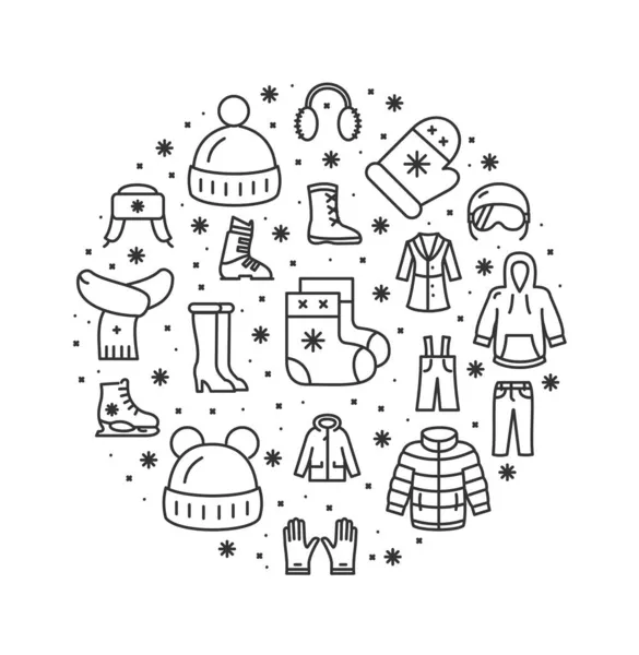 Kış Kıyafetleri Yuvarlak Tasarım Şablon Çizgileri Simge Kavramı. Vektör — Stok Vektör