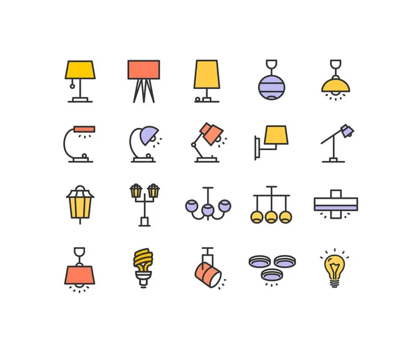 Iluminación de la lámpara Color de la muestra Set de iconos de línea fina. Vector — Vector de stock