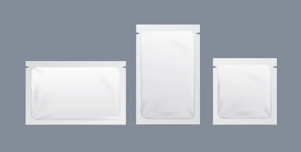 Conjunto de pacotes de saqueta de papel branco 3d detalhado realista. Vetor — Vetor de Stock