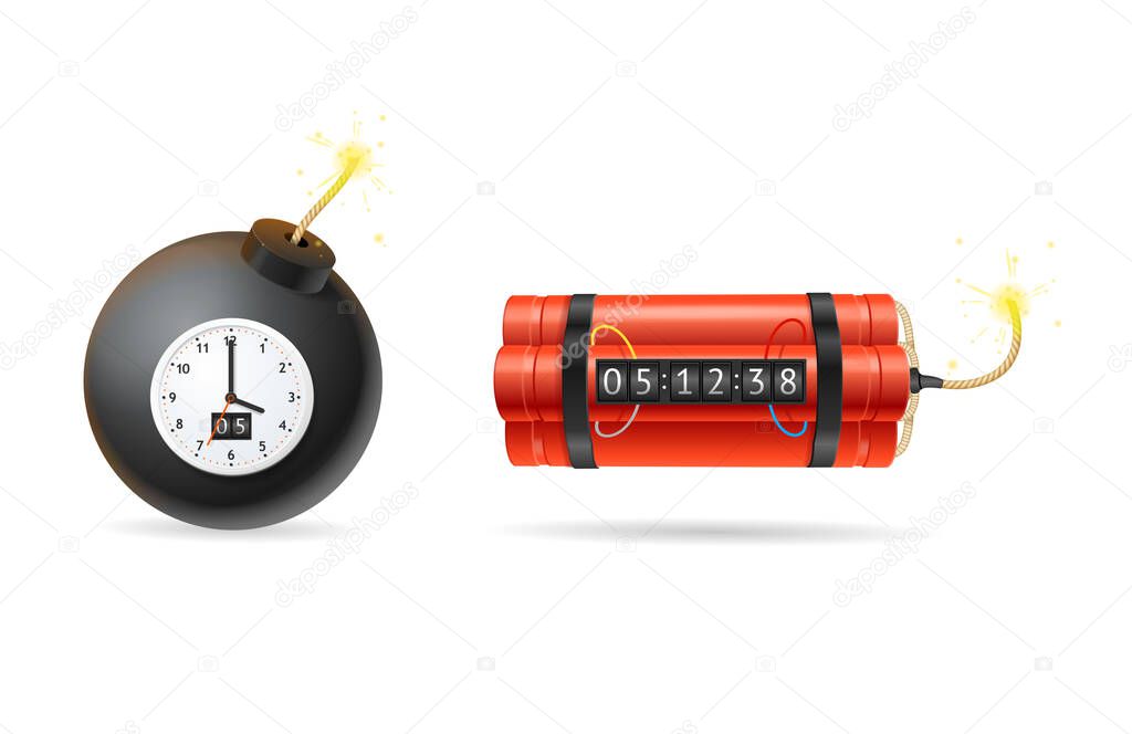 Realistic Detailed 3d Red Detonate Dynamite Stick with Timer Clock and Black Bomb Set. Vector