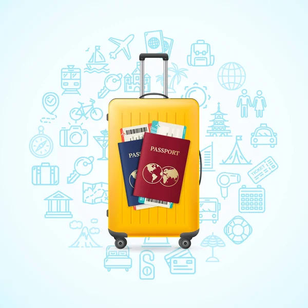 Concept de voyage avec une valise 3d jaune détaillée réaliste. Vecteur — Image vectorielle