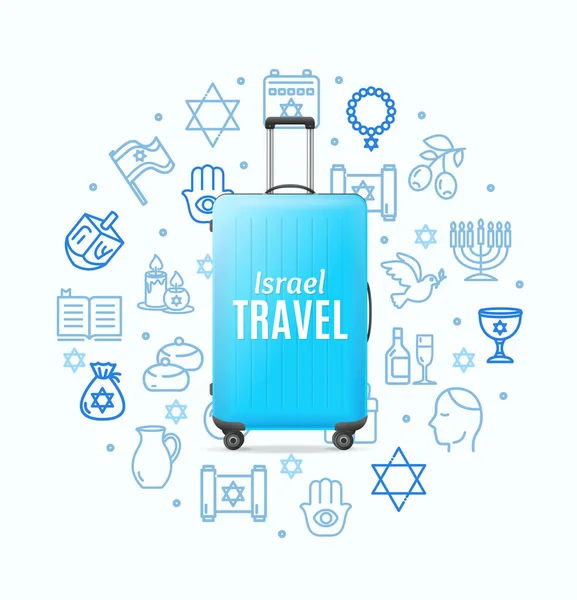 Viajes Israel Concepto con Realista Detallada Maleta Azul 3d. Vector — Vector de stock