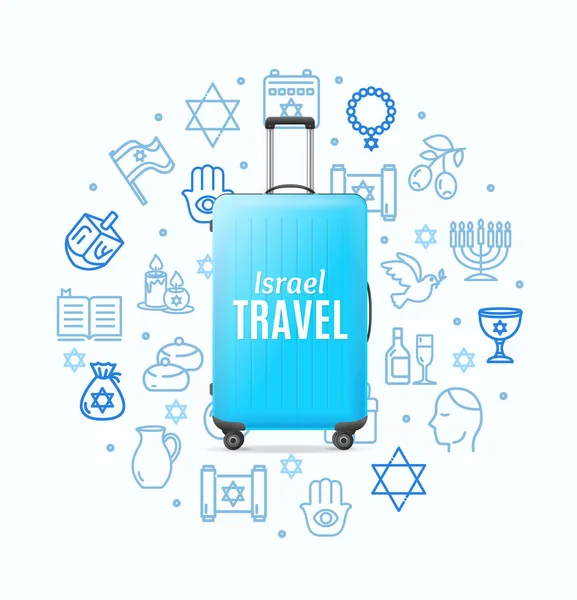 Travel Israel Concept com Mala Realista Detalhada 3D Azul. Vetor — Vetor de Stock