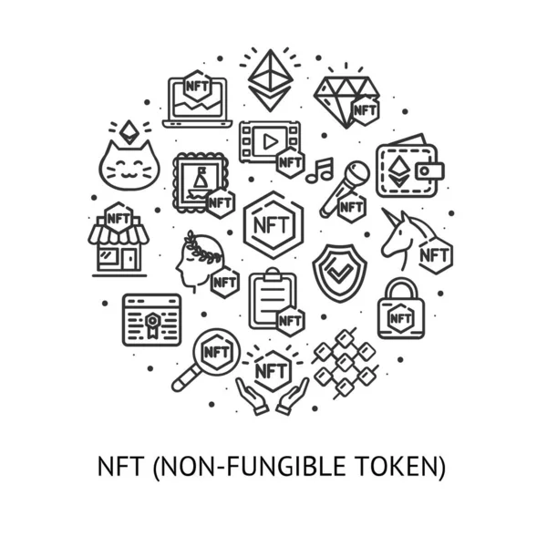 Nft Crypto Sign Round Design Szablon Czarna cienka linia baner ikona. Wektor — Wektor stockowy