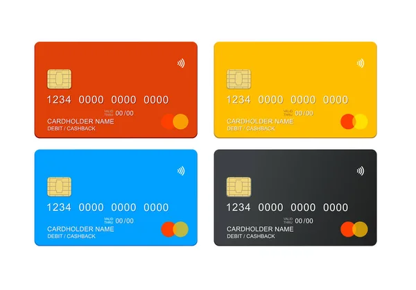 Realista detallado 3d Color diferente tarjeta de crédito de débito conjunto de maquetas. Vector — Vector de stock