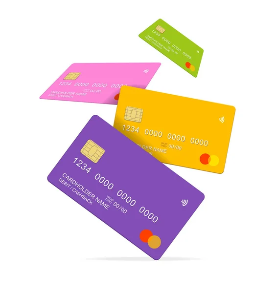 Realista detallado 3d Color diferente tarjeta de crédito de débito conjunto de maquetas. Vector — Vector de stock