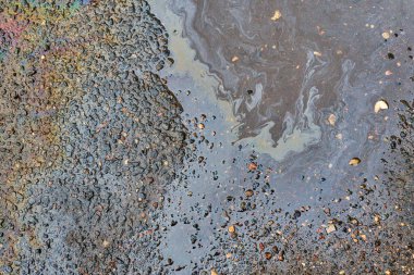 Islak asfalttaki gaz lekesi bir arabanın ya da kamyonun altındaki sızıntıdan kaynaklanıyor. Soyut bir arka plan.