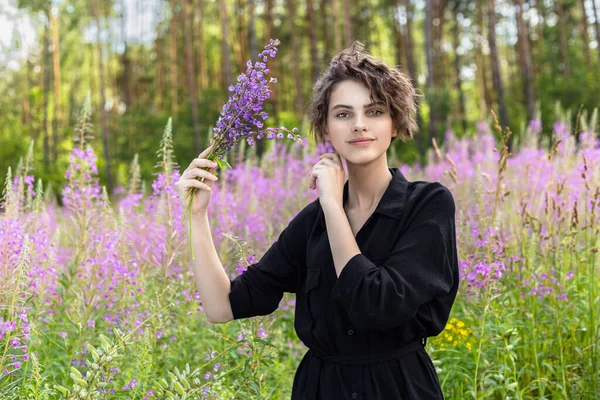 Young Attractive Woman Bouquet Lupines Her Hand Background Blooming Ivan — Stock Photo, Image