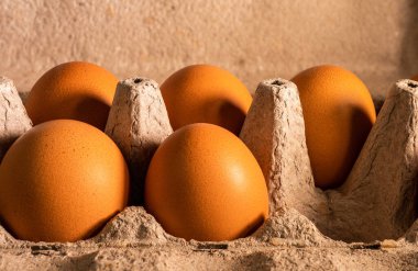 Yumurtalar paketin içinde. Yakın plan. Yumurtalı tepsi