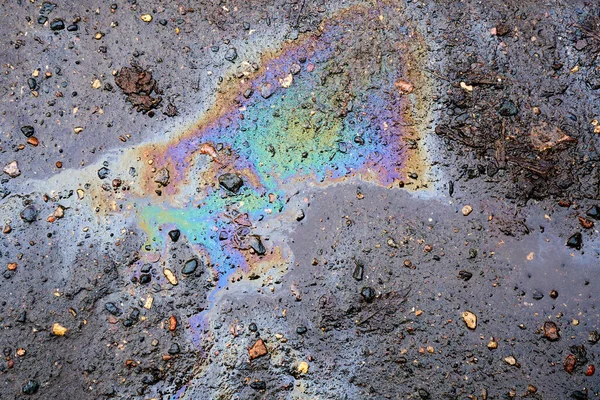 stock image Oil or gasoline spill spots on asphalt after snow melts in spring, top view