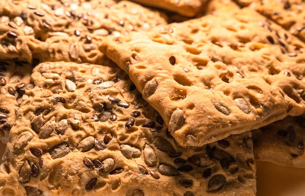 Galletas Avena Con Semillas Lino Girasol Borrosas Enfoque Selectivo —  Fotos de Stock