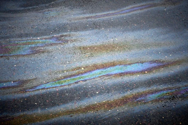 Mancha Aceite Asfalto Color Manchas Combustible Gasolina Asphalt Road Como — Foto de Stock
