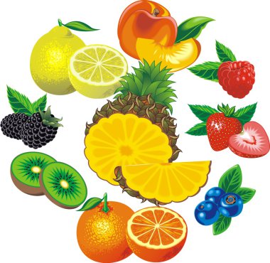 kivi, ananas portakal ve diğer meyveler