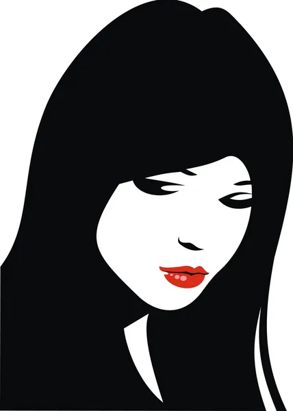 Visage de femme facile avec lèvres rouges et cheveux noirs — Image vectorielle