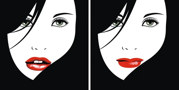 Светлое лицо женщины с красными губами и черными волосами — стоковый вектор