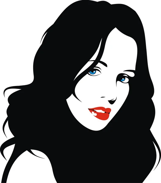 Kolay kadın yüzü kırmızı dudaklar ve siyah saç — Stok Vektör