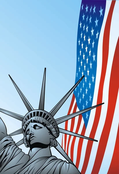 Usa bandera y estatua de la libertad — Vector de stock