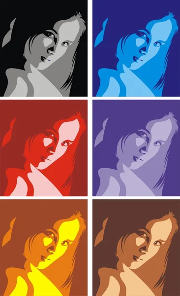 Head of girl in different colors — Stock Vector