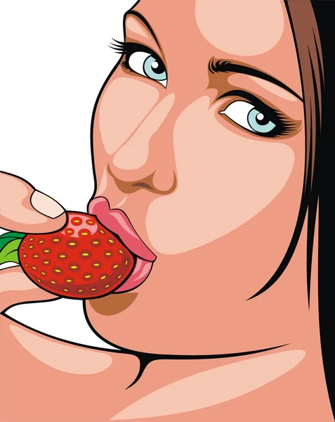 Wajah gadis muda dan strawberry - Stok Vektor